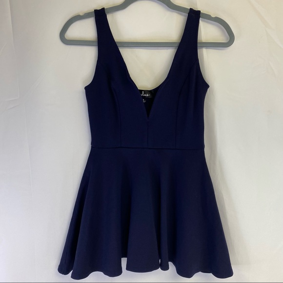 Lulu's  “I Feel Good” Skort Skater Dress Navy Blue Plunging V-Neck - Picture 3 of 12